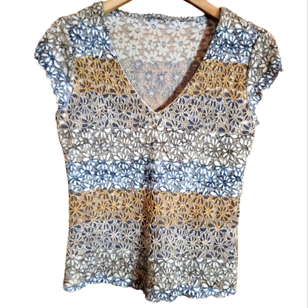 VINTAGE CCC S BLUE GREY GOLD FLORAL EMBROIDERED STRETCH V-NECK COLD SHOULDER TOP